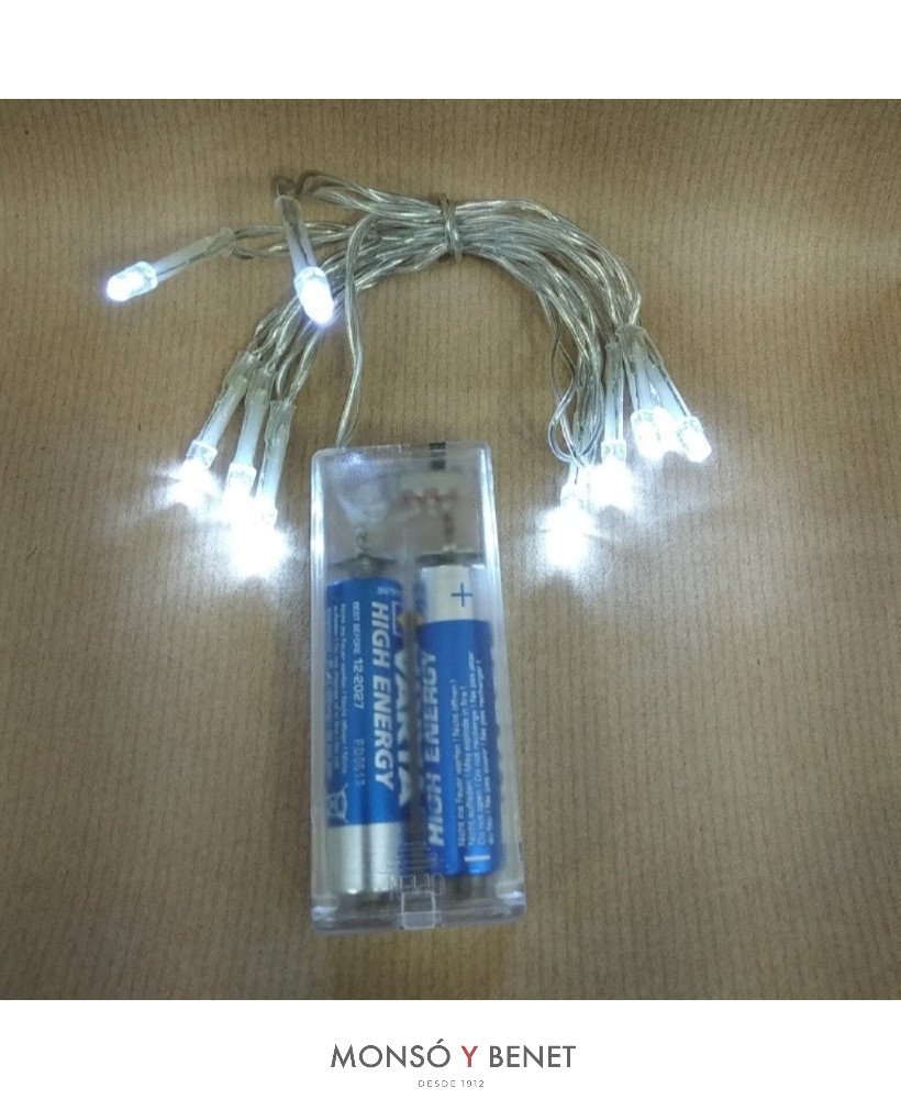 GUIRNALDA 10 LED BLANCO FRÍO A PILAS – CABLE TRANSPARENTE – 1,6 m