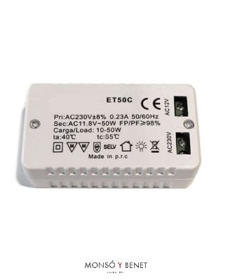 TRANSFORMADOR ELECTRÓNICO 12V 10–50W PARA HALÓGENA/LED