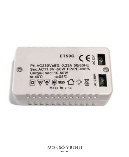TRANSFORMADOR ELECTRÓNICO 12V 10–50W PARA HALÓGENA/LED