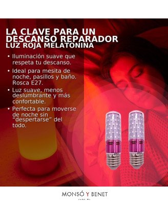 PACK 2 BOMBILLAS LED ROJA TUBULAR MELATONINA 230V-8W. E27