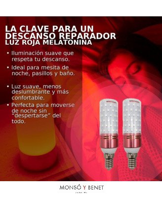 PACK 2 BOMBILLAS LED ROJA TUBULAR MELATONINA 230V-8W. E14